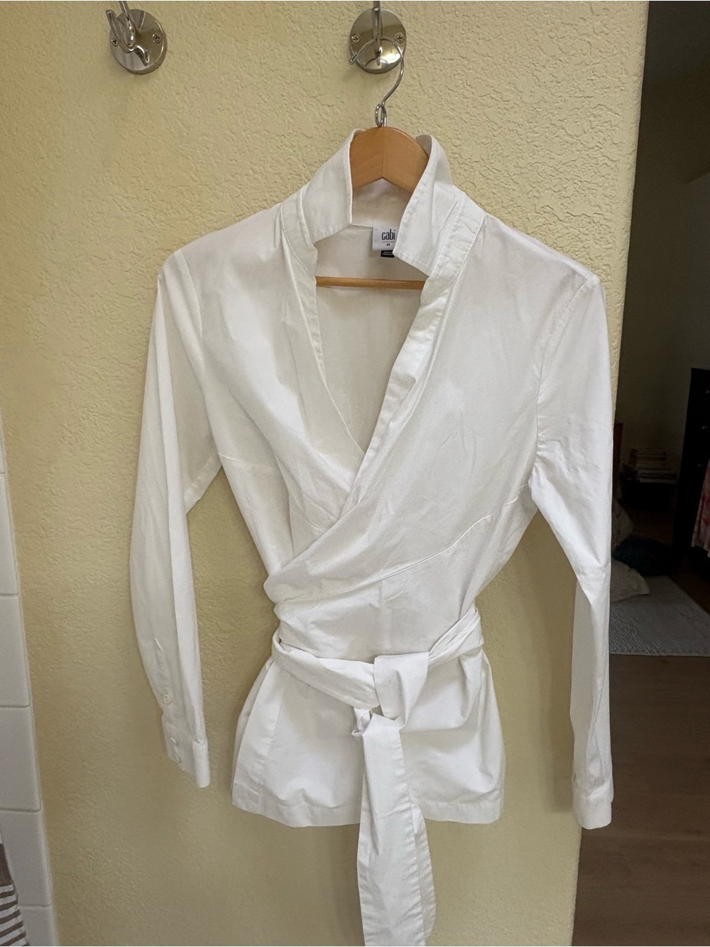 CAbi White Wrap Blouse with Tie Belt